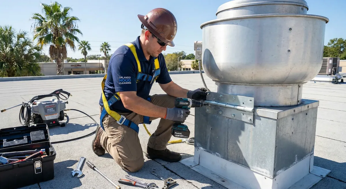 Fort Worth Hood Cleaning technician installing exhaust fan hinge kit